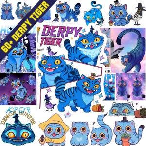 May include: A selection of blue cat stickers, featuring the text "DERPY TIGER" and "60+". The stickers depict cartoon cats in various poses and expressions, some wearing hats. The cats are blue with black stripes and yellow eyes.