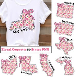 Coquette florale 50 États PNG Bundle - USA carte Sublimation Clipart, dessins mignons Pink State, téléchargement numérique, 300 DPI art imprimable.