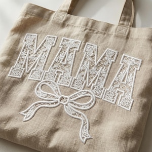 Mama Floral Lace Embroidery Design with Bow, Machine Embroidery File, Mother's Day Digital Download, 4x5 Hoop PES