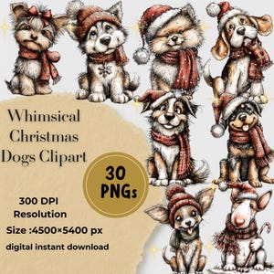 30 枚の気まぐれなクリスマス犬のクリップアート PNG バンドル | お祝いの子犬の昇華 | ギフトや装飾用の水彩ホリデー犬のデジタルダウンロード。