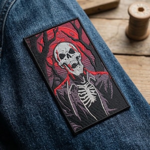 Gothic Skull Embroidery Design, Red Moon, Halloween Horror Patch (6x3 Inch) (Digital Download