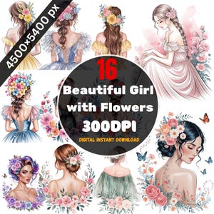 Beautiful Girl with Flowers Sublimation PNG , Floral Woman Clipart , Watercolor Female Art , Boho Girl Digital Download.