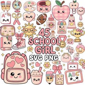 45 Kawaii School Girl Clipart Bundle SVG PNG | Cute Back to School Elements | Pink School Supplies Digital Download | Teacher Sticker Pack.