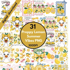 Preppy Lemon Summer Vibes PNG Bundle with Cute Ducks, Fresh Lemonade Clipart, Easy Peasy Squeeze Sublimation Graphics 300DPI