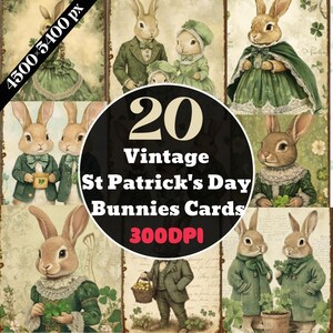 20 Vintage St Patrick's Day Bunnies Cards , Retro Lucky Rabbit Greeting Card Set , Irish Themed Easter Printable's , Digital Download..