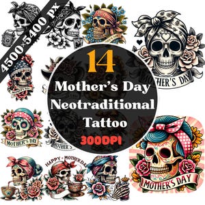 Mother&#39;s Day Neotraditional Tattoo PNG, Mom Tattoo Clipart, Vintage Tattoo Flash Art, Sublimation Design, Traditional Inked Mom Print.