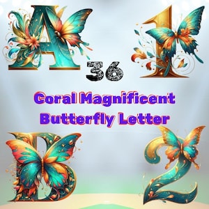 36 magníficas letras de mariposas corales, alfabeto imprimible para manualidades, descarga digital para camisetas, invitaciones, arte mural y más.
