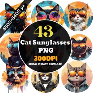 43 Cat Sunglasses PNG Bundle | Cool Cats Clipart | Funny Cat Wearing Glasses | Digital Download | Sublimation Design | Cute Pet Graphics.