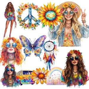 Hippie Clipart Bundle - 70s Retro Peace Sign Flower Power PNG SVG - Boho Digital Download for Sublimation & Crafts