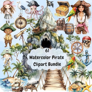Watercolor Pirate Clipart PNG Bundle , Cute Pirate Boys, Ships, Maps, Treasure Chest , Nautical Adventure Sublimation Graphics