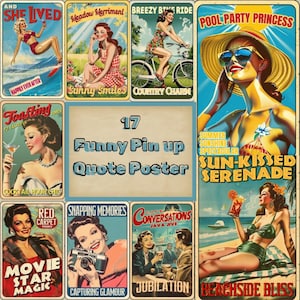 Vintage Pin-Up Poster Bundle | 17 Funny Retro Quote Posters PNG | Classic Pinup Wall Art Printables | Digital Download Decor.