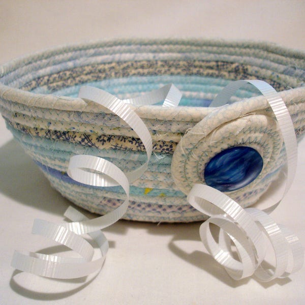 Handmade Baby Shower Blue Coiled Fabric Bowl, Coiled Fabric Basket