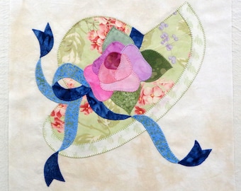 Sun Hat Appliqued Quilt Block, Unfinished Quilt Top, Reay to use