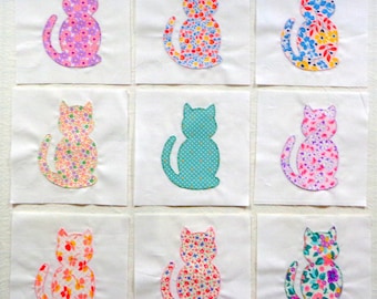 9 Calico Cats Appliqued Quilt Blocks, Ready to use