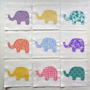 9 Baby Elephants Appliqued Quilt Blocks, ready to use