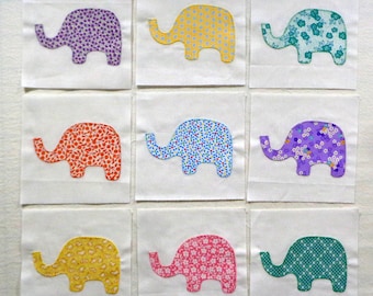 9 Baby Elephants Appliqued Quilt Blocks, ready to use