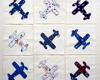 9 Blue Airplanes Quilt Blocks. Ready to use