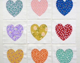 9 Reproduction Depression Era Hearts Appliqued Quilt Blocks, Ready to Use