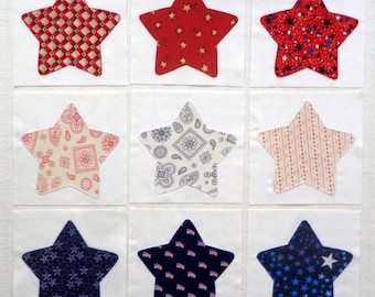 Patriotic Stars Appliqued Quilt Blocks in Red, White & Blue