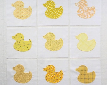 9 Rubber Duckies Appliqued Quilt Blocks, Ready to use