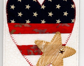 American Flag Heart Quilted Fabric Postcard