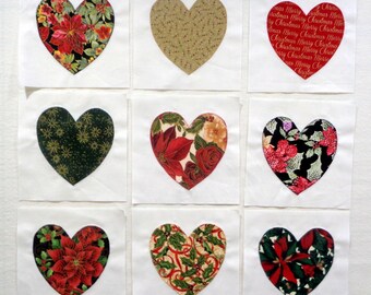 9 Christmas Hearts Quilt Blocks, Ready to Use