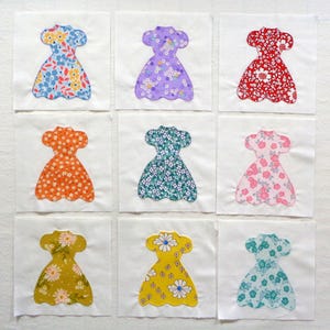 9 Party Dresses Appliqued Quilt Blocks, Ready to use
