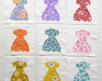 9 Party Dresses Appliqued Quilt Blocks, Ready to use