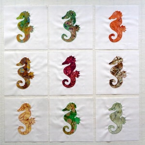 9 Seahorses Appliqued Quilt Blocks, Ready to use