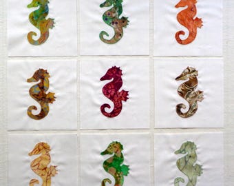 9 Seahorses Appliqued Quilt Blocks, Ready to use