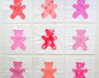 9 Pink Teddy Bear Quilt Blocks, Ready to Use