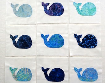9 Appliqued Whale Quilt Blocks, Ready to Use