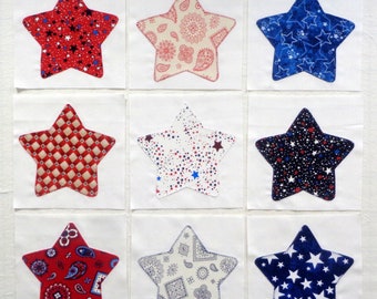 Patriotic Stars Appliqued Quilt Blocks in Red, White & Blue