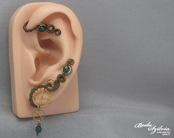 steampunk ear wrap with watch gears, no piercing ear cuff in bronze and green, wire wrapped jewelry, steampunk gift for her