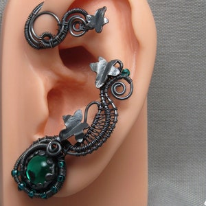 Ivy Vine Ear Cuff: Dark Copper Wire Wrapped Green Stone, No Piercing