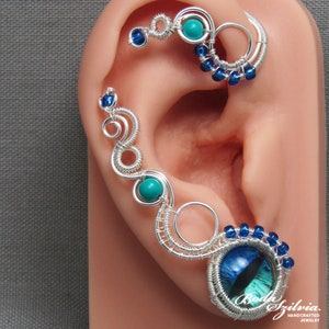 Silver Dragon Eye Ear Wrap: Turquoise Wire Wrapped Ear Cuff