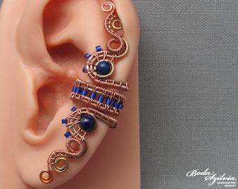 lapis lazuli ear cuff, raw copper and brass ear wrap with gemstone, handmade healing stone jewelry for her