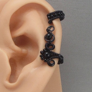 Gothic Black Onyx Cartilage Ear Cuff: Wire Wrapped Ear Wrap
