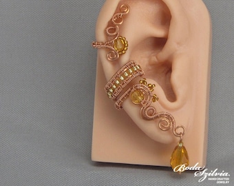raw copper ear cuff no piercing, elegant wire wrapped ear cuff with orange beads, unique gift for her