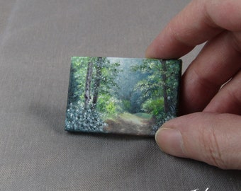 Forest path original miniature oil painting, artwork for one inch scale dollhouse, collectible tiny landscape painting
