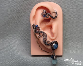 blue kyanite gemstone ear wrap in dark copper, no piercing cuff with chain, dark academia jewelry for her