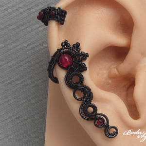 gothic no piercing ear cuff in black with red beads, wire wrapped jewelry for women