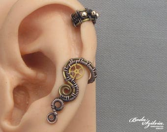 small steampunk no piercing ear cuff, copper and brass cartilage  ear wrap, fake piercing jewelry for women