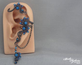 blue crystal ear wrap in dark copper, no piercing ear cuff with chain, wire wrapped jewelry, handmade birthday gift for her