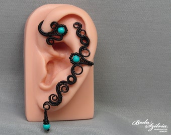 turquoise no piercing ear cuff with gemstones, gothic ear wrap with dangle, wire wrapped  handmade jewelry for her