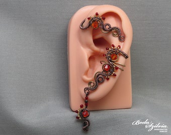 orange crystal ear wrap in copper and brass, no piercing ear cuff, wire wrapped handmade jewelry for her