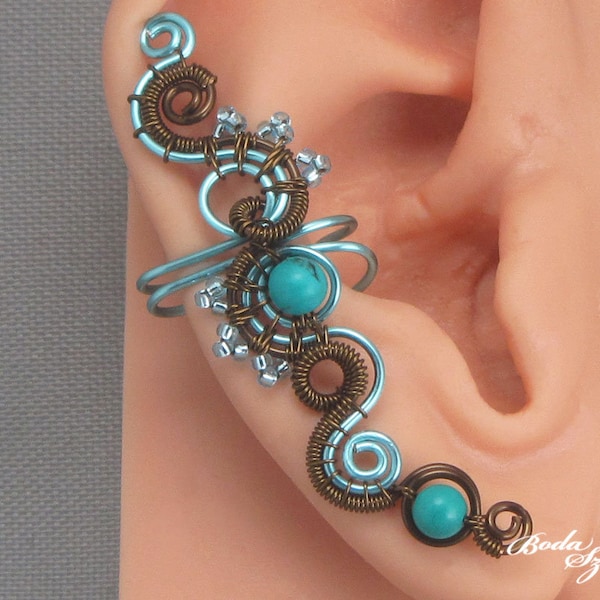 no piercing ear cuff with turquoise, wire wrapped adjustable ear wrap, fake piercing, boho jewelry for her