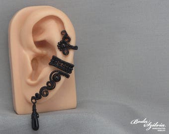 gothic ear cuff with black onyx, black ear wrap no piercing, mourning jewelry for her