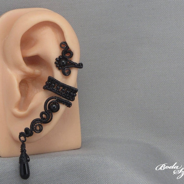 gothic ear cuff with black onyx, black ear wrap no piercing, mourning jewelry for her