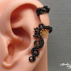 steampunk cartilage ear cuff in bronze and black, small no piercing ear wrap for her, handmade jewelry